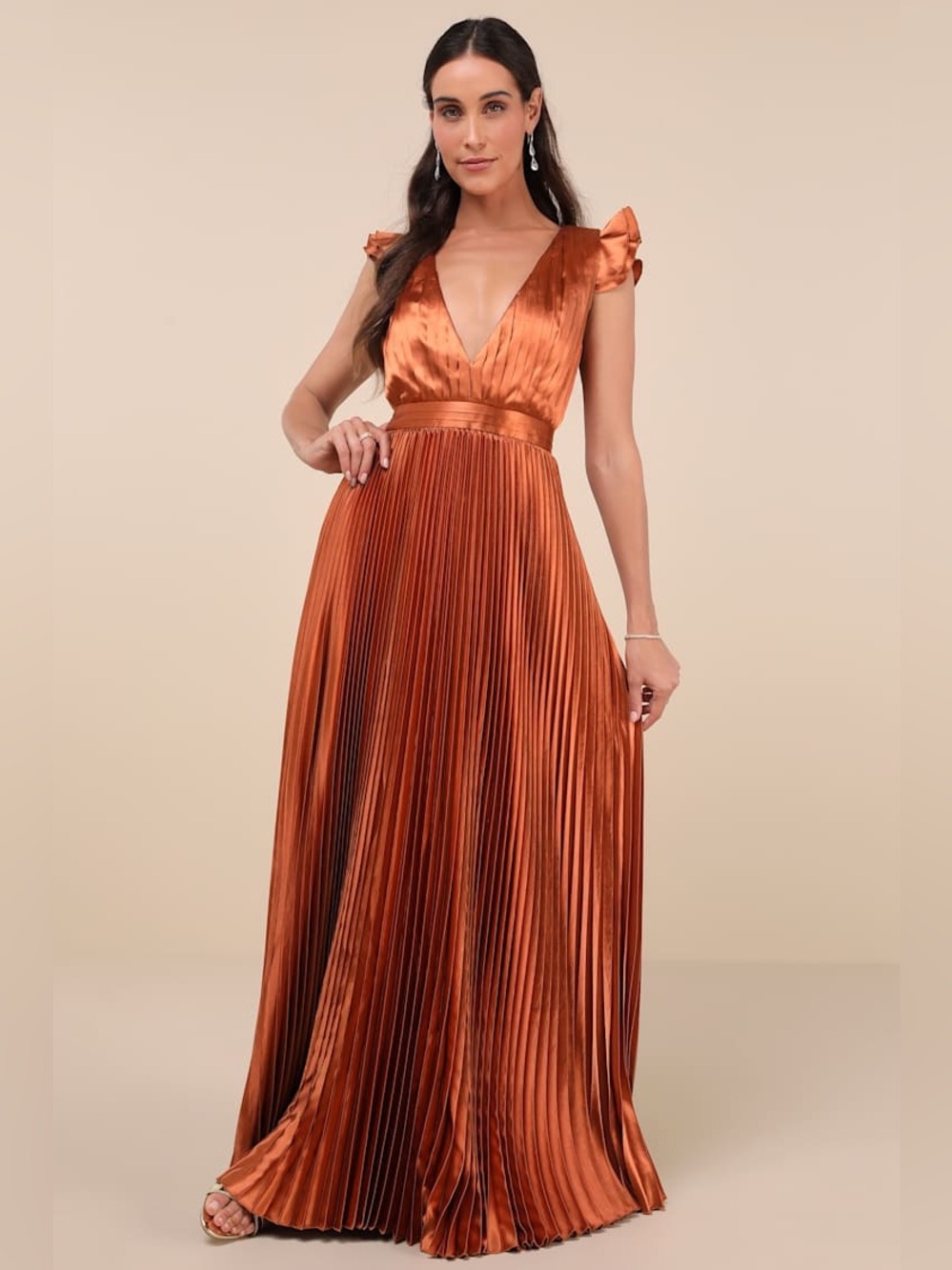 Lulus Exceptional Drama Rust Orange Satin Lace-Up Pleated Maxi Dress M Wedding